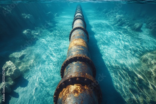 Rusty underwater pipeline in turquoise waters  a stunning marine scene with sunlit reflections
