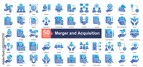 Merger and Acquisition Icon Collection Set.Containing Integration, Company, Target, Takeover, Deal, Purchase, Negotiation, Transaction icon. Simple glyph gradient style Vector Illustration.	