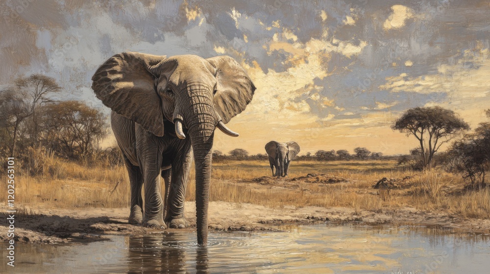 Obraz premium Elephant drinking at serene savanna waterhole