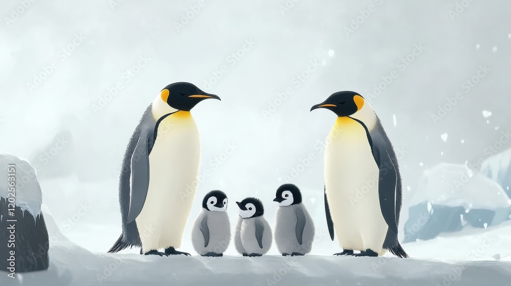 Obraz premium Emperor penguins with fluffy chicks in snow