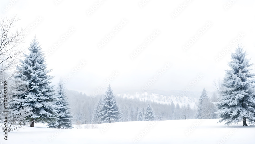 Fototapeta premium Scenic snowy landscape with evergreen trees and mountains, ideal for winter or holiday themes. Generative AI