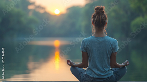 Fototapeta Naklejka Na Ścianę i Meble -  A woman meditating in peaceful solitude at sunset with a blurred background, symbolizing calmness, reflection, and inner peace with open space for inspiration

