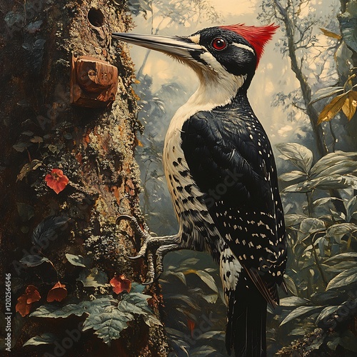 extinct ivorybilled woodpecker pecking a tree in a dense forest, with black-and-white feathers standing out against lush green foliage, blending modern abstract design with soft tones photo