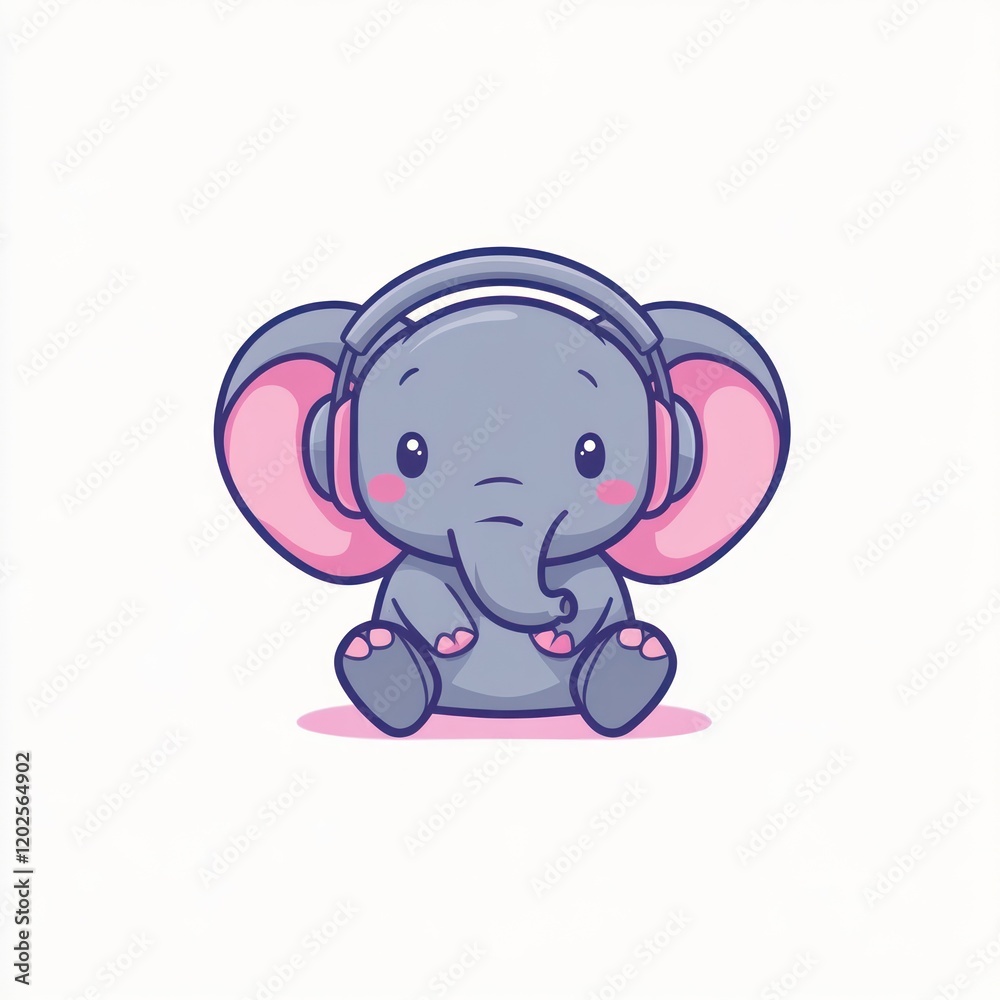 Fototapeta premium Cute elephant listening music, headphones, white background, children's illustration