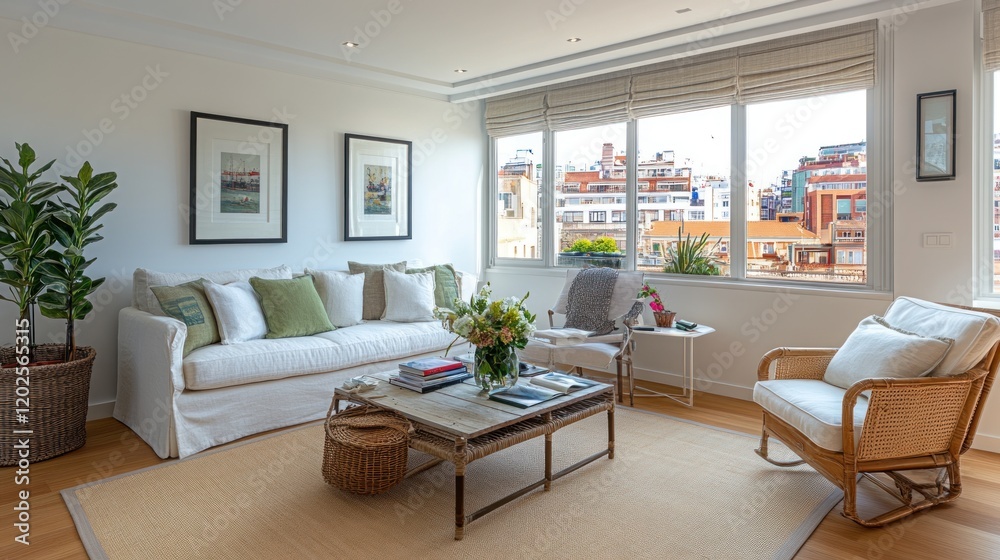 Fototapeta premium Bright living room with city view, sofa, armchair, and natural light.