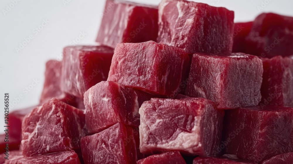 Fresh red beef cubes on white surface Fresh red beef cubes on white surface