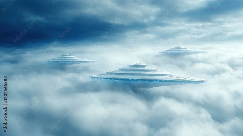Fototapeta premium Mysterious Shadow Fleet Glides Through the Clouds Under a Dramatic Sky at Twilight