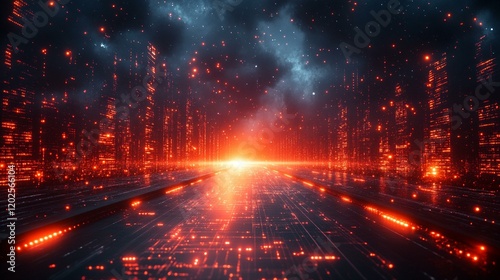 A data inventory process visualized as a glowing assembly line in cyberspace. 71