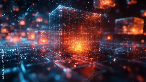 A visual metaphor of data flowing into neatly stacked cubes within a digital grid. 76