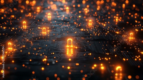 A network diagram with glowing locks on each node, representing secure data connections. 109