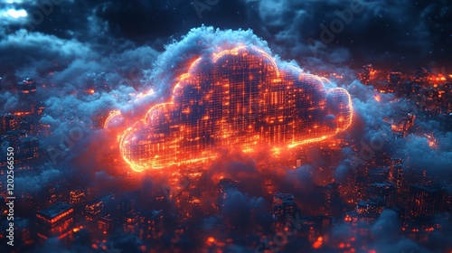 A conceptual cloud storage secured with multiple layers of digital locks and firewalls. 126