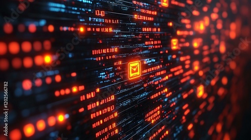 A data breach warning on a digital interface with a firewall and encryption symbols. 161