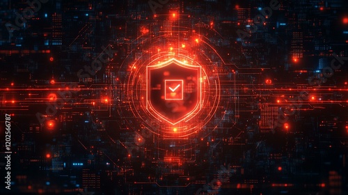 A data breach warning on a digital interface with a firewall and encryption symbols. 162