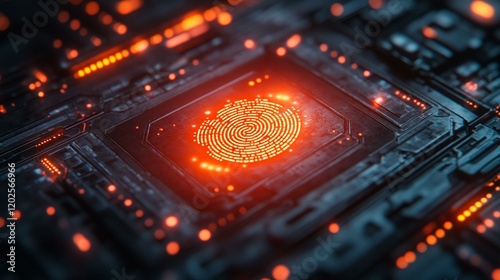 A glowing fingerprint scanner securing access to a futuristic data center. 189