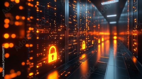 A server room with a glowing lock symbol on each server, symbolizing strong data security measures. 193