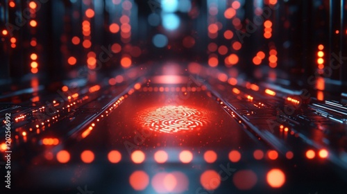 A glowing fingerprint scanner securing access to a futuristic data center. 192