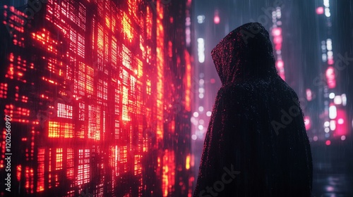 A hacker silhouette attempting to infiltrate a network, blocked by an unbreakable security wall. 200