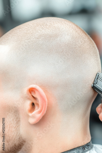 A man is shaved bald with a hair clipper at a barbershop. Preparation for military service and enlistment in the army