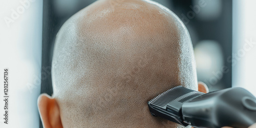 A man is shaved bald with a hair clipper at a barbershop. Preparation for military service and enlistment in the army photo