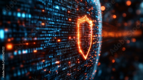 A shield made of binary code surrounding a digital vault filled with encrypted information. 279