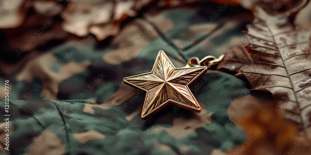 A star shaped medal lying on a military uniform of a protective camouflage fabric pattern. Heroism, military decoration, military service, war A star shaped medal lying on a military uniform of a protective camouflage fabric pattern. Heroism, military decoration, military service, war