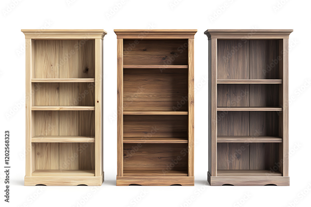 Set of three wooden bookcases isolated on a white background Set of three wooden bookcases isolated on a white background