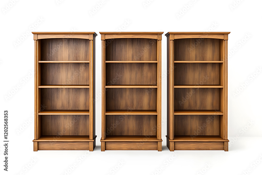 Set of three wooden bookcases isolated on a white background Set of three wooden bookcases isolated on a white background