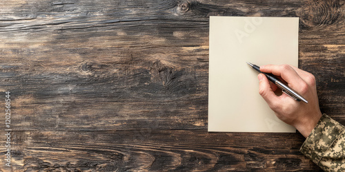Male hands in military uniform filling out paperwork. Pen writing on paper, creatine concept of military enlistment office, conscription