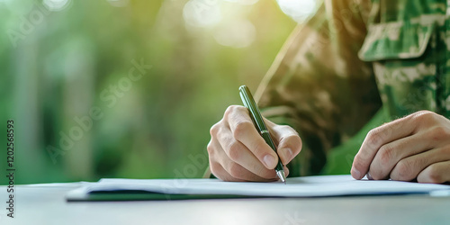 Male hands in military uniform filling out paperwork. Pen writing on paper, creatine concept of military enlistment office, conscription