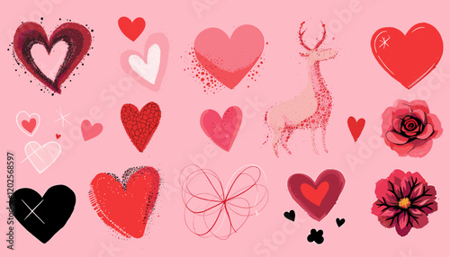 Romantic Valentine's Day Design with Hearts, Deer, and Flowers