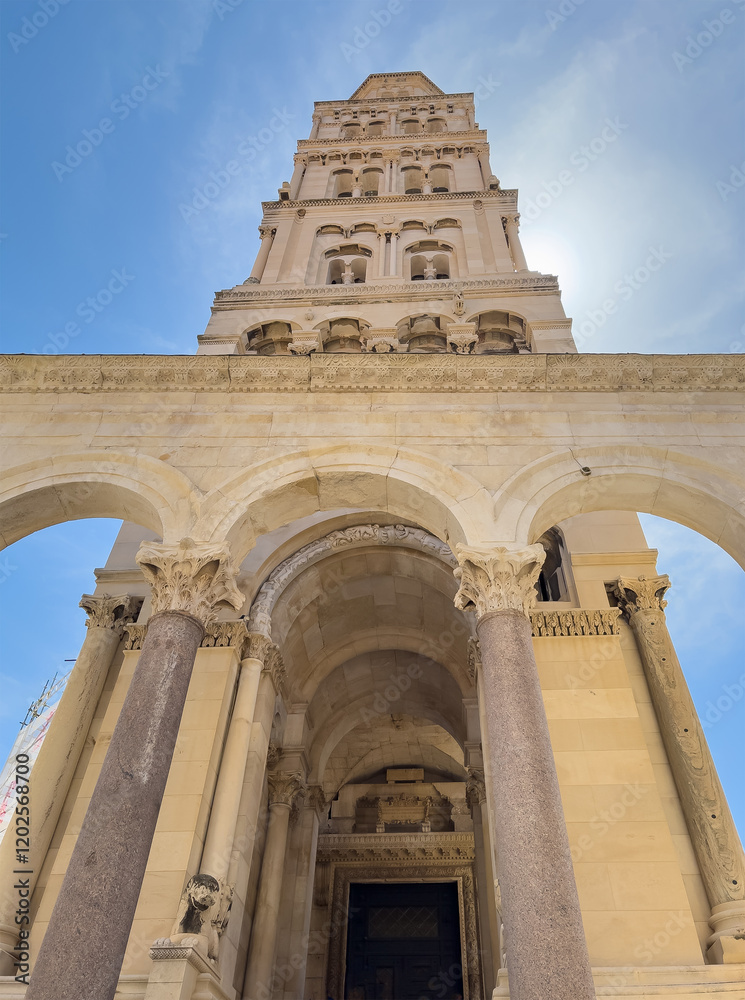 Fototapeta premium Split, Croatia - July 1, 2024: Historic downtown. Saint Domnius Cathedral tower seen from Courtyard at Diocletian's Palace, through the columns of the Peristyle