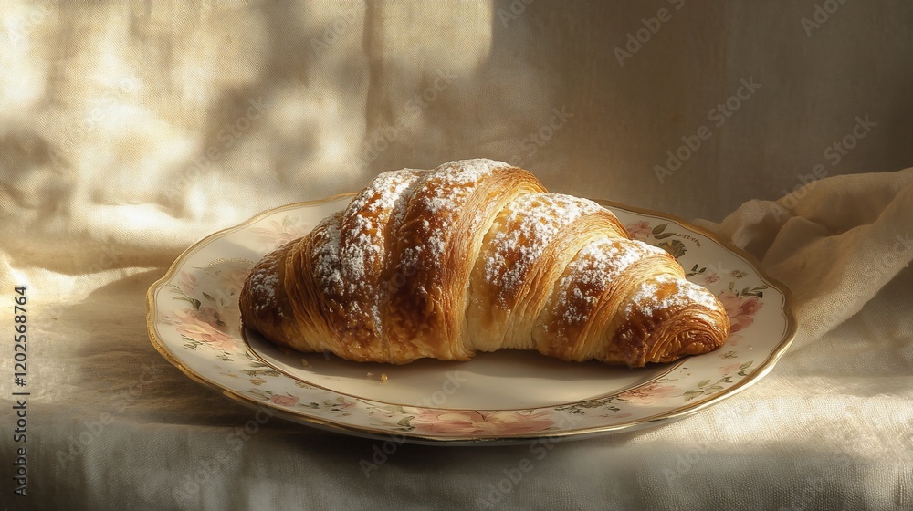 A freshly baked croissant dusted with powdered sugar resting on a floral patterned plate A freshly baked croissant dusted with powdered sugar resting on a floral patterned plate