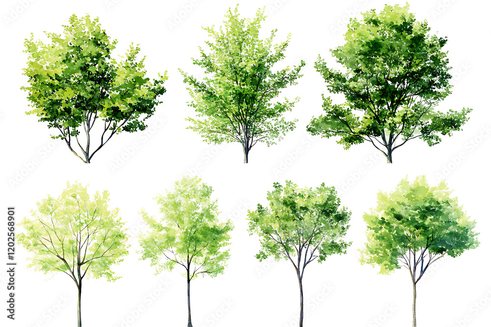 Set of watercolor green trees isolated on a white background Set of watercolor green trees isolated on a white background
