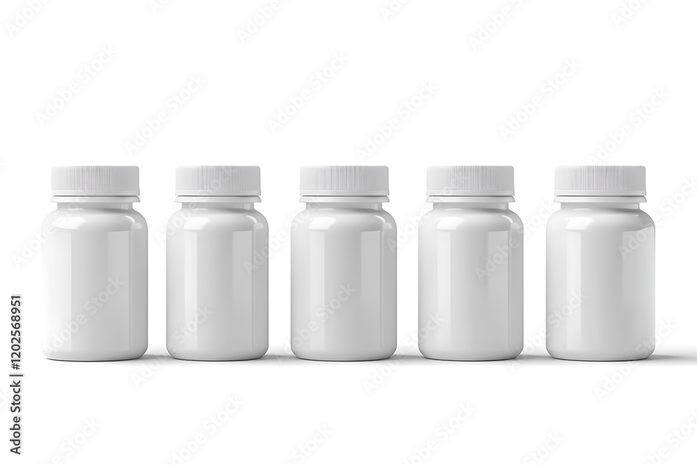 Set of white pill bottle mockup isolated on a white background Set of white pill bottle mockup isolated on a white background