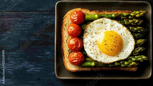   A plate with asparagus, tomatoes, and an egg on toast with tomatoes and asparagus