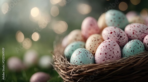 Vibrant Easter eggs in a woven basket at Vienna market photo