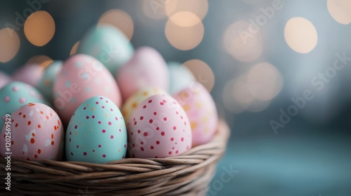 Colorful painted Easter eggs displayed in a woven basket in Vienna market photo