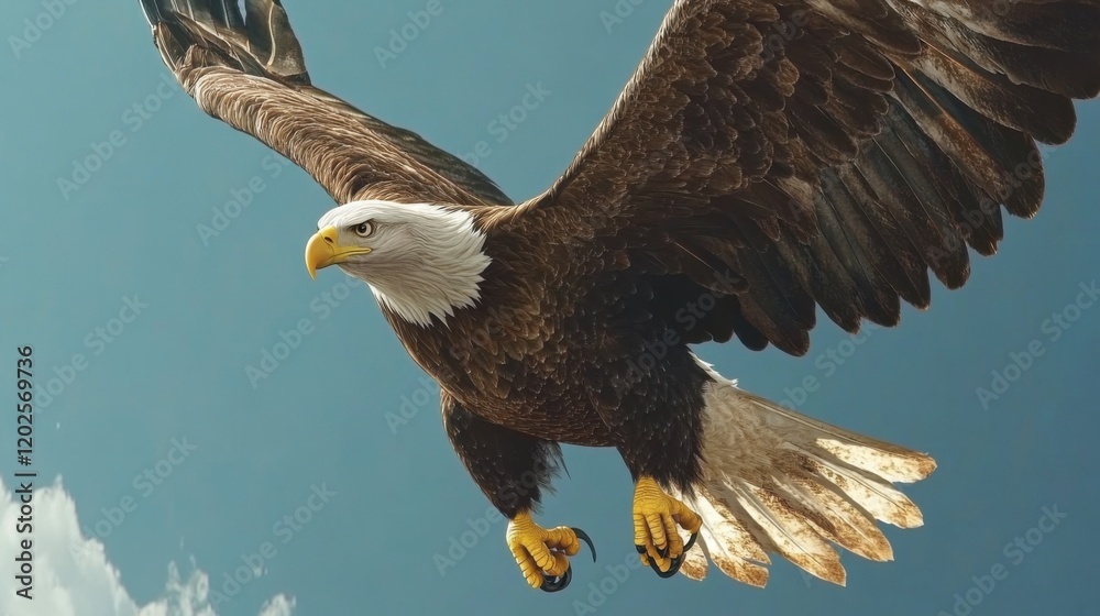 Fototapeta premium Majestic bald eagle soaring against blue sky