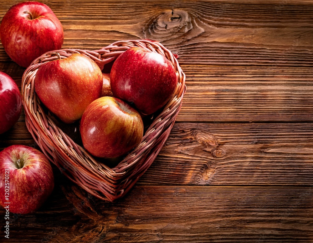 Red apples in a heart shaped basket on a wooden background. Red apples in a heart shaped basket on a wooden background.