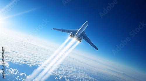 A high-flying airplane soars through the sky leaving behind white contrails above the clouds photo