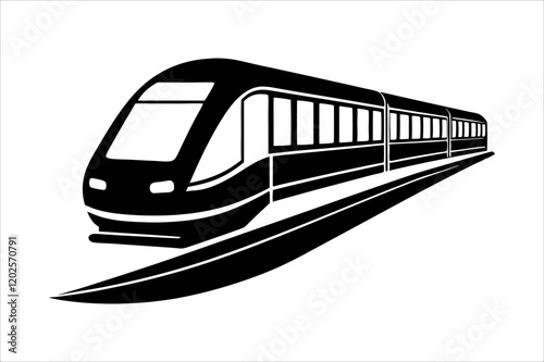 Streamline commuter train turning. Silhouette illustration in perspective view, train silhouette vector