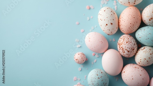 Colorful Easter egg display on a pastel blue banner background photo