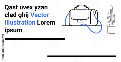 Business briefcase on a desk with a blue strap and a potted plant. Ideal for office decor, entrepreneurship, productivity, business presentations, modern workspace design, organizational efficiency