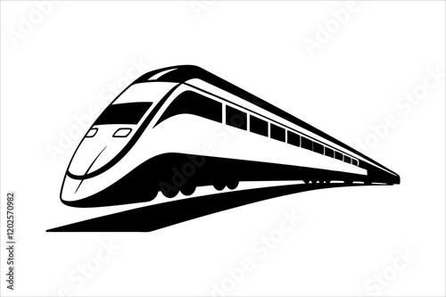 Streamline commuter train turning. Silhouette illustration in perspective view, train silhouette vector