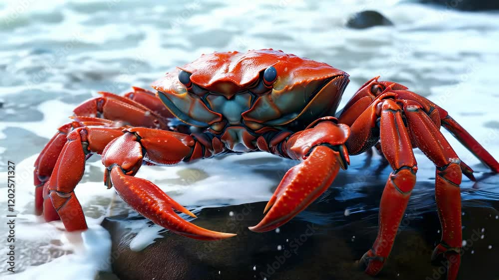 Vivid red crab perched on rocky shore with water droplets Vivid red crab perched on rocky shore with water droplets