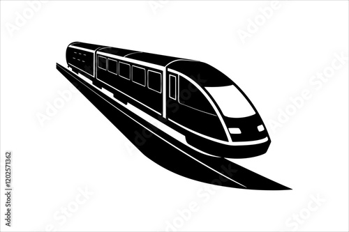 Streamline commuter train turning. Silhouette illustration in perspective view, train silhouette vector