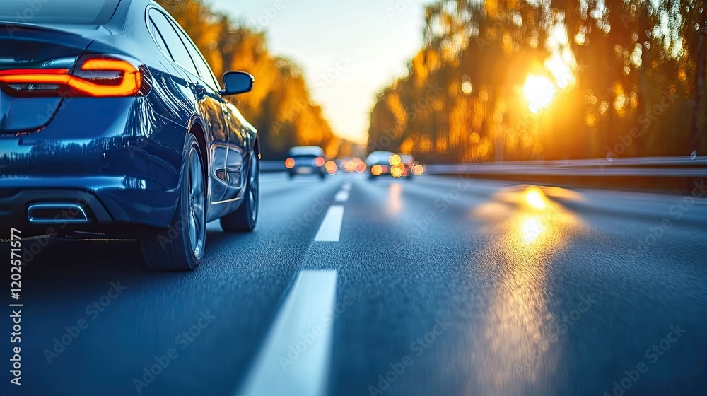 A blue car drives on a sunlit highway, surrounded by trees in autumn foliage. A blue car drives on a sunlit highway, surrounded by trees in autumn foliage.
