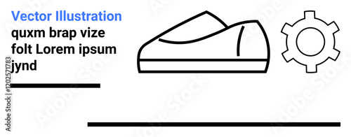 Outline of a shoe, gear icon, and placeholder text Lorem ipsum. Ideal for product concepts, prototyping, user guides, design mockups, instruction manuals, industrial design, teaching tool. Landing