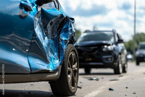 Head on collision  blue car and black suv involved in road accident with significant damage photo