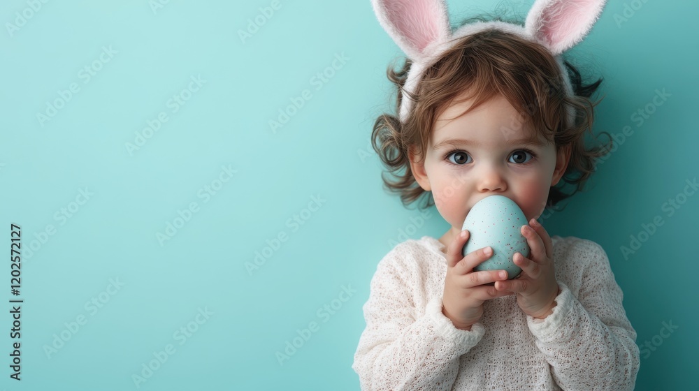 Little boy with bunny ears joyfully holding an Easter egg on colorful backdrop Little boy with bunny ears joyfully holding an Easter egg on colorful backdrop